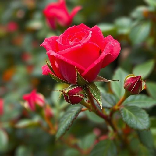 Imagen de un rosal rojo con capullos a punto de florecer