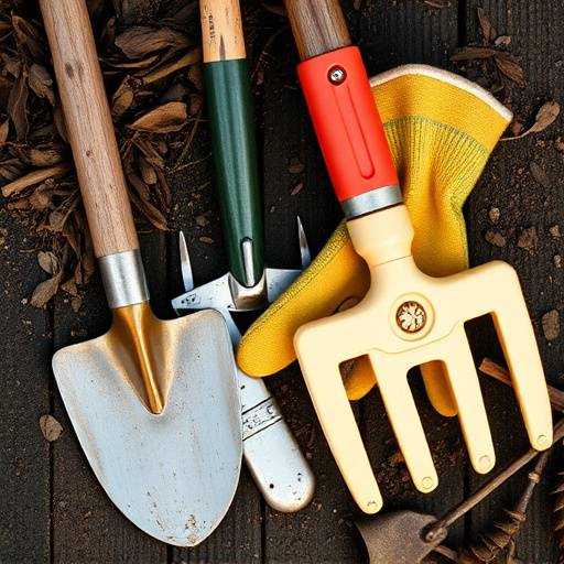 Imagen de un set de herramientas de jardiner&iacute;a con guantes, pala y rastrillo