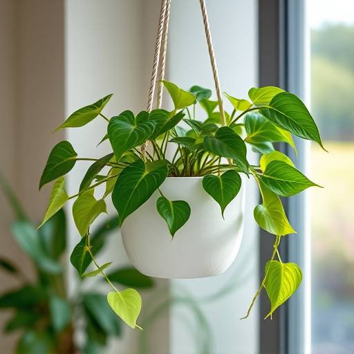 Imagen de una maceta colgante con una planta de Poto