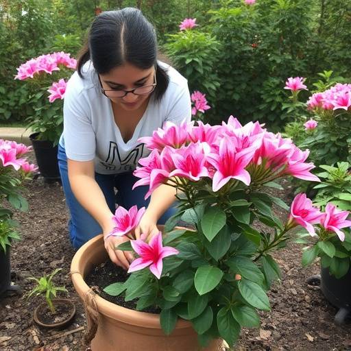 Isabel Rodriguez sosteniendo una maceta con una Azalea Japonesa reci&eacute;n plantada